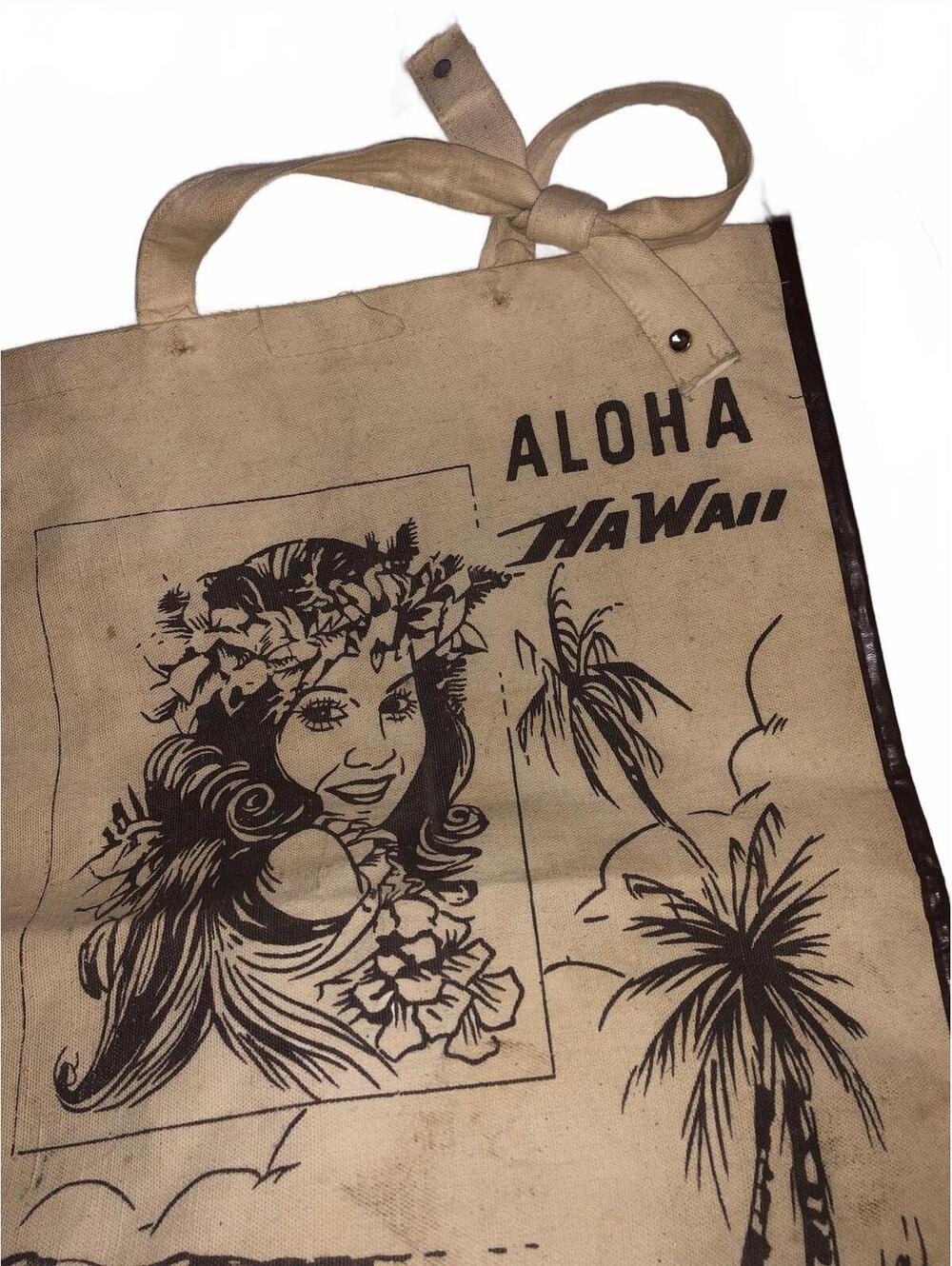Vintage Aloha Hawaii Canvas Tote Bag with Palm Tree and Woman Print